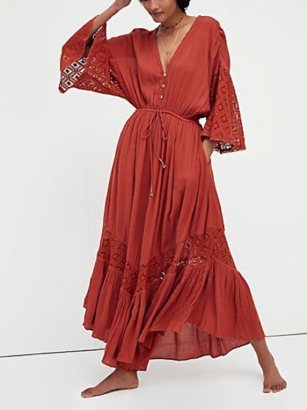Free People Angela Crochet Lace Long Sleeve Wide Leg Open Back Jumpsuit